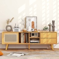 Table console en bambou moderne avec porte en rotin PE et 2 tiroirs pour téléviseurs jusqu'à 65 pouces dans la maison salon chambre salle à manger