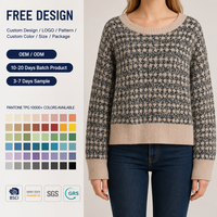 Pull en maille col rond personnalisé pour femme, couleur avoine et noir, jacquard géométrique, épaules tombantes, usine OEM ODM