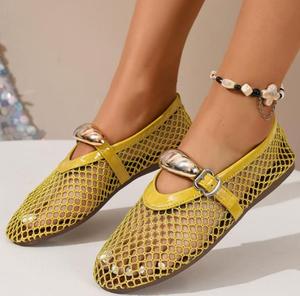 Women's Summer Flat Ballet <b>Shoes</b> with Fish Mesh Design Slip-On Closure Fashionable Buckle <b>Soft</b> Doll Feature Rubber Insole - Product Image 2