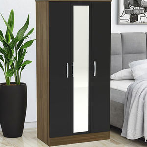 Modern Wooden 3-Door Wardrobe with Mirror - High-<strong>Gloss</strong>, Walnut and <strong>Black</strong> <strong>Bedroom</strong> Storage <strong>Furniture</strong> - Product Image 1