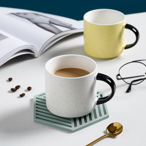 Custom 13oz Minimalist Blue <strong>Yellow</strong> Pink White Ceramic Speckled Coffee <strong>Mug</strong> With Black Handle - Product Image 2