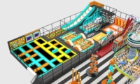 Parc de trampolines de style cyberpunk commercial, fosse à mousse, matériaux PVC/PP, centre de divertissement familial multifonctionnel intérieur