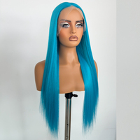 Wig Rambut Lurus Panjang Wanita Warna Biru 13x4 High-end, Terbuat dari Rambut Sintetis Tahan Panas, dengan Lace Crochet di Bagian Depan.