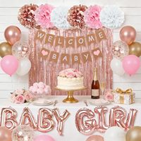 Décorations de fête Rose Gold pour Baby Shower de Fille, Bannière de Bienvenue Bébé, Ballons en Aluminium Rose Gold et Blanc, Pompons, Rideaux