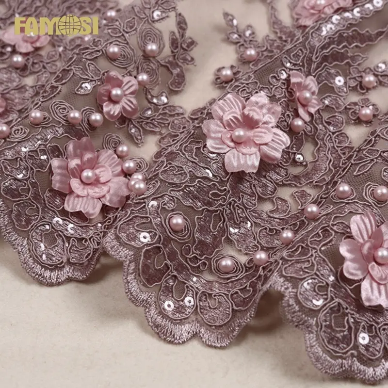 New arrival design rose gold 3d flower lace embroidery fabric with crystal pearl for party dress