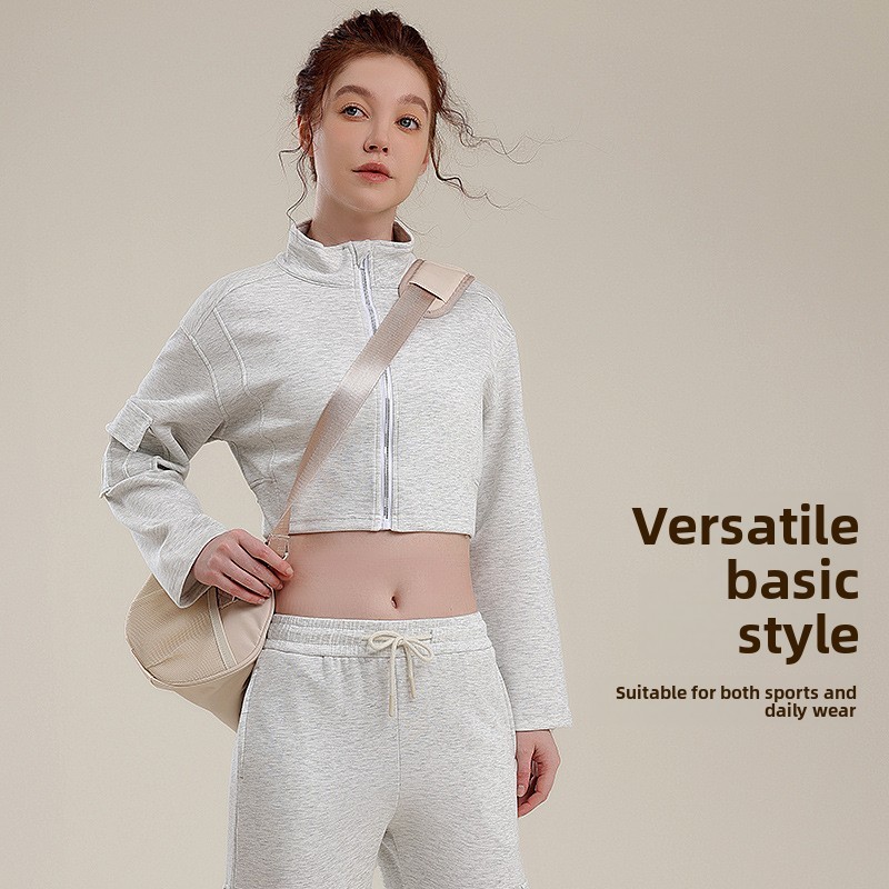 Women's Autumn Winter Sports Fitness Two-piece Jogger Set Stand Collar Loose Fit Moisture Wicking Ankle-Length Sweater Yoga Suit