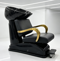 Chaise de lavage de cheveux de luxe noire et or avec accoudoirs et bac noir pour salon de coiffure – Offre spéciale