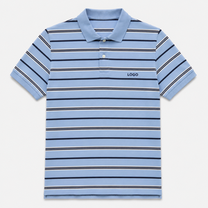 Men's Blue Striped Cotton Polo <b>Shirt</b> Short Sleeve Casual Breathable Oxford Front Logo Design - Product Image 2