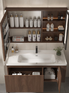New bathroom cabinet walnut ceramic basin solid wood side storage wash basin <b>mirror</b> cabinet - Product Image 5