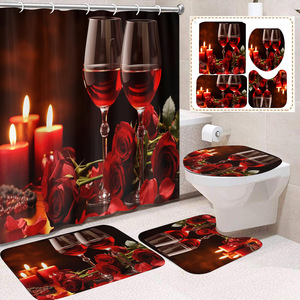 Rideau de douche en polyester imprimé 3D avec motif de roses rouges et de bougies, ensemble de décoration de salle de bain avec crochets, design de luxe imperméable - Product Image 2