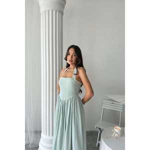 Vestido de Lino con Cuello Halter Color Menta, Corte en A, Cintura Natural, Transpirable, Ropa Casual - Product Image 4