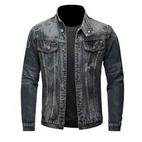 Blousons en jean décontractés pour homme, coupe ajustée, en coton, style motard vintage, noirs et bleus unis, avec tissu en toile – Collection Automne