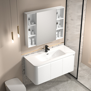 Tocadores de baño de madera maciza con espejo Lavabo simple Gabinete de fregadero de lavado a mano Combinación elegante - Product Image 4