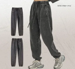 OEM Custom Logo 100% Vintage Acid Washed Sweatpants Plain Cotton French Terry Sweatpants Sport Pants For Man