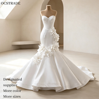 Robe de mariée sirène en satin Ocstrade, simple, sans bretelles, avec décolleté cœur, appliques florales 3D faites à la main, longue traîne, sur mesure