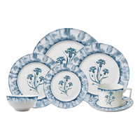 Service de table en céramique indigo tie-dye floral, vaisselle de cuisine, assiettes décoratives bohèmes, tasse, soucoupe, passe au micro-ondes et au lave-vaisselle