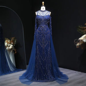 Di lusso blu Navy con spalle scoperte a sirena abito da sera a manica lunga abiti da ballo per le donne Lsz111 - Product Image 1