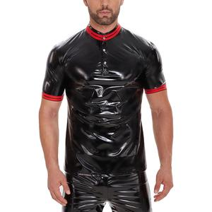T-shirts en cuir PU et PVC pour hommes, chemises brillantes à col rond avec boutons, shorts de fitness moulants, t-shirts en <span class=keywords><strong>latex</strong></span> à manches courtes, costumes gothiques pour boîte de nuit, 7XL - Product Image 5