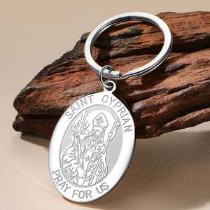 Llavero con Medalla de San Cipriano de Myshape, Amuleto de Protección Religioso Católico, Joyería de Acero Inoxidable de Michaelmas, África del Norte - Product Image 1