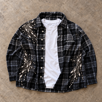 Kemeja Desainer Pria Kustom Hitam Kotak-kotak Berhias Berlian Imitasi, Overshirt Lengan Panjang Kancing Depan, Kemeja Fashion Streetwear, Produsen OEM