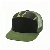 Casquette de camionneur tactique d'extérieur à sept panneaux, avec panneau avant vierge, dessus camouflage, visière plate et dos en maille, personnalisable par impression et broderie de patchs