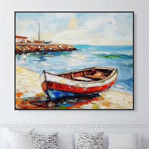 Impression faite à la main toile moderne 3D texturé mur Art abstrait paysage marin peintures de bateaux sur la plage - Product Image 1
