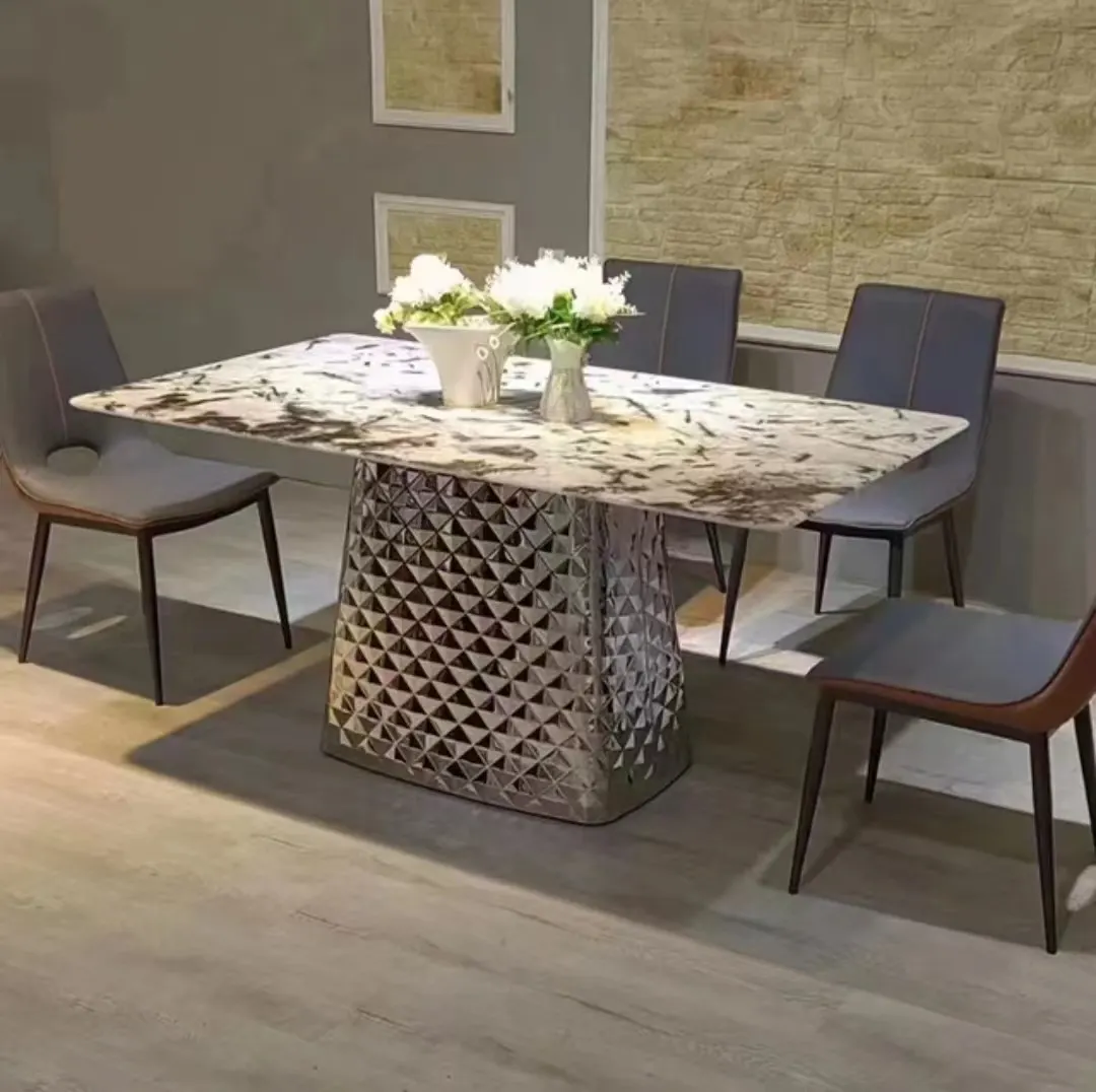 Meja Makan rumah sederhana gaya Nordic, kaki baja tahan karat warna piring batu cerah ide asli desainer modern