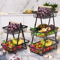 Plateau en métal pliable double couche pour cuisine moderne Porte-fruits et légumes en fer avec panier de rangement