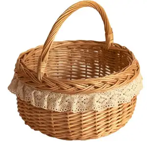 willow woven portable picnic basket pastoral style lace fabric storage basket Bamboo woven storage basket rattan storage