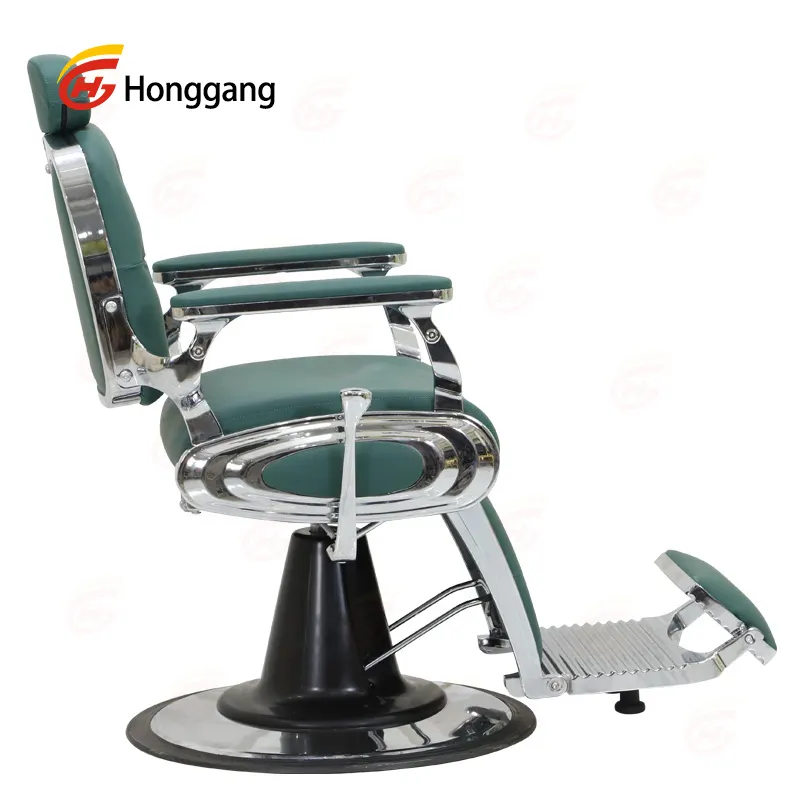 Hoge Kwaliteit Moderne Metalen Onderdelen Frame Professionele Hydraulische Pomp Liggend Mannen Kapsalon Vintage Groene Kappersstoel