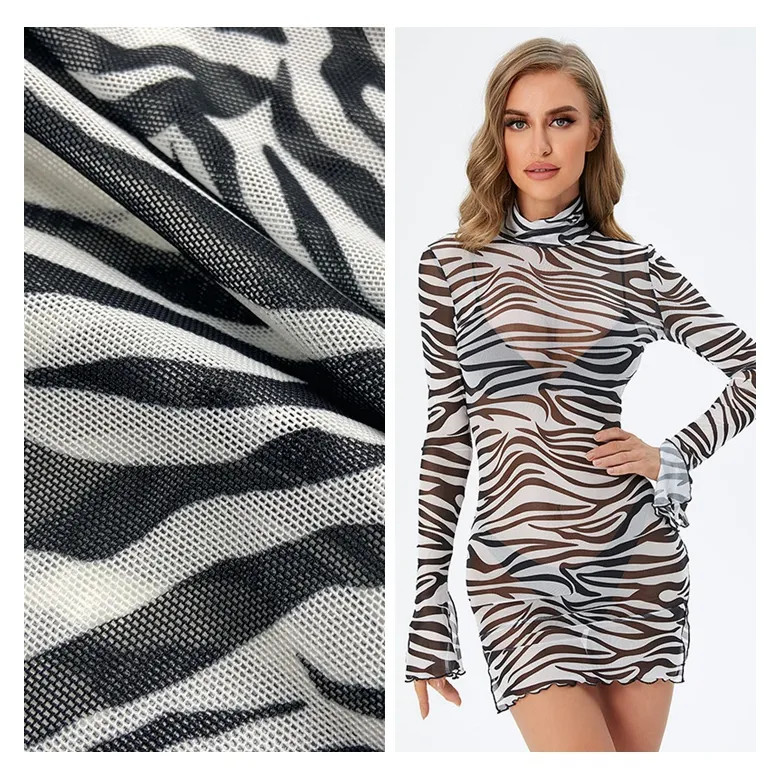 Custom made 95/5 polyester spandex knitted 100GSM zebra digital print net power mesh fabric for dresses