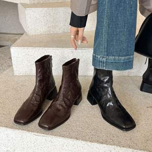 Fashionable Retro Classic Pointed-<b>toe</b> <b>square</b> Chunky Heel Metal Zipper Rubber Sole Sheepskin Ankle <b>Boots</b> <b>Women</b> - Product Image 3