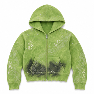 Custom Logo Pure Cotton Zip Up Hoodie Vintage Applique Embroidery Hot Fix Rhinestone Private Label Streetwear Men Hoodie - Product Image 3