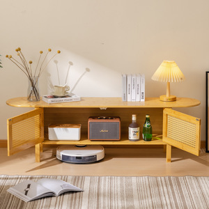 Bamboo And Rattan Woven TV <b>Cabinet</b> Double Door <b>Storage</b> Floor Standing For Living Room <b>Small</b> Apartment - Product Image 3
