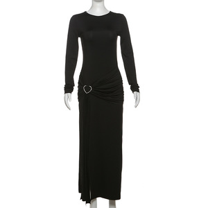 Nouvelle Arrivée Robe Longue Décontractée Écologique Couleur Unie Manches Longues Fente Asymétrique Boucle Moulante Automne Tendance - Product Image 4