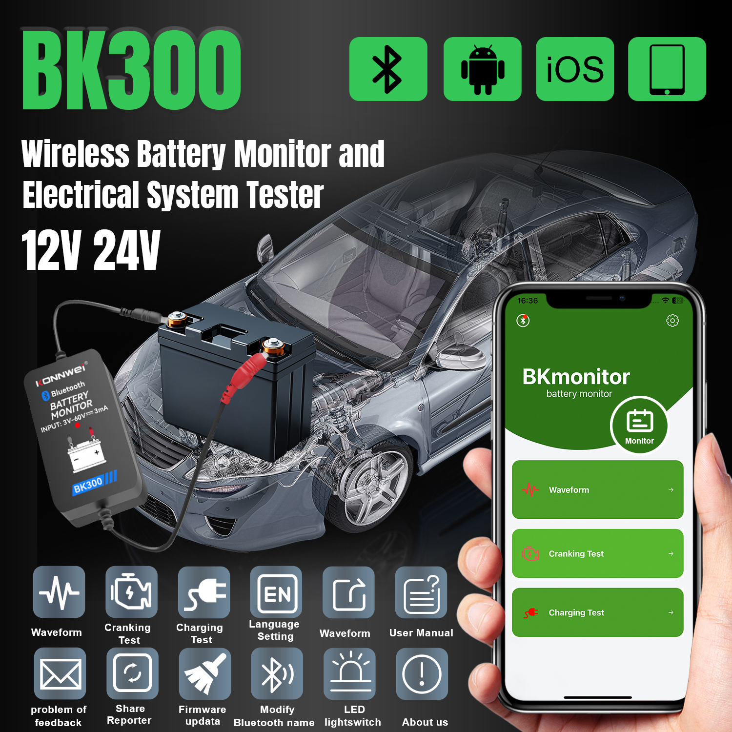 thumbnail image 2 of LNEX Bluetooth Battery Monitor For 12V/24V Systems - Wireless Car Battery Tester With Alarm, Charging Test For Solar, RV, Boat, Motorcycle 2 of 14