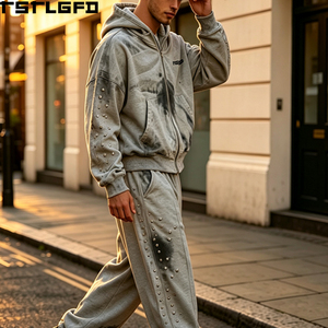 Ensemble de survêtement personnalisé à clous, effet délavé et brûlé, avec sweat à capuche zippé et pantalon de survêtement ample, vente en gros - Product Image 5