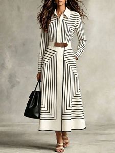 Robe chemise rayée géométrique pour femme, robe midi à manches longues avec col à revers et ceinture, robe élégante de bureau style A-line - Product Image 1