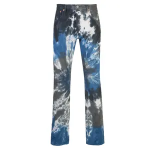 Одежда Zhuoyang синие, серо-белые Стрейчевые хлопковые прямые джинсы средней руки от фабрики с принтом в виде тай-дай