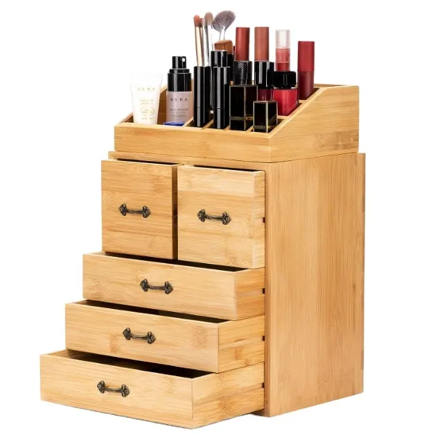 Bamboe Houten Make-Up Organizer Met Laden Grote Cosmetische Organizer Aanrecht Doos