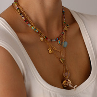 Promotion : Collier en Acier Inoxydable 316L Plaqué Or 18K PVD, Design Original, Pierre Naturelle, Pendentif Tendance Cœur Soleil et Pompon