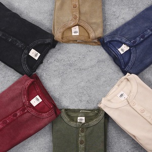 Men's Oversized Henley T-<strong>Shirt</strong> Long Sleeve Button Placket Waffle Texture Wax <strong>Dye</strong> &amp; Washed Distressed Streetwear Crewneck Winter - Product Image 3