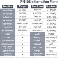 Multimètre à pince PN106 4000 points, ampèremètre/voltmètre AC/DC, testeur électrique, véritable RMS