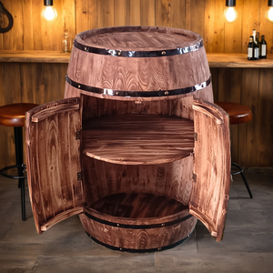 आधुनिक ओक बैरल वाइन कैबिनेट दरवाजा भंडारण पार्टी बार के लिए डिज़ाइन किया गया है लकड़ी की लाल शराब रैक और पेय टब प्रदर्शित करता है। - Product Image 1