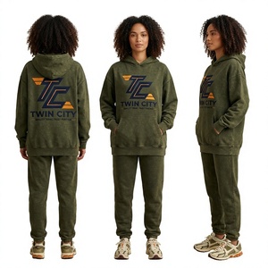 Twin City Women's Olive <b>Green</b> Hooded Sweatshirt Set Cotton Blend Casual Autumn Wear With Logo Print Front Pocket Design - Product Image 1