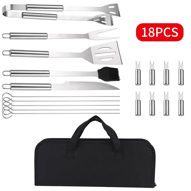 Utensilio para asar barbacoa, accesorios de cocina, Kit de herramientas de cocina para acampar al aire libre, juego de herramientas para barbacoa de acero inoxidable de 18 piezas