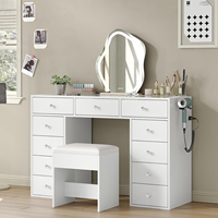 Coiffeuse moderne avec 1 tiroir et station de charge, plateau en verre, sans miroir, pour chambre à coucher
