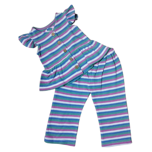 Conjunto de 2 Piezas, Camiseta de Manga Corta a Rayas Coloridas y Pantalones Largos con Botones de Madera - Product Image 1