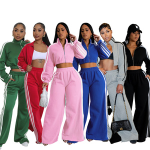 Tuta da <span class=keywords><strong>Donna</strong></span> con Striscia Laterale, Set 2 Pezzi, Top Corto con Zip e Cappuccio Sexy e Pantaloni Jogger, Completo Invernale Caldo - Product Image 1