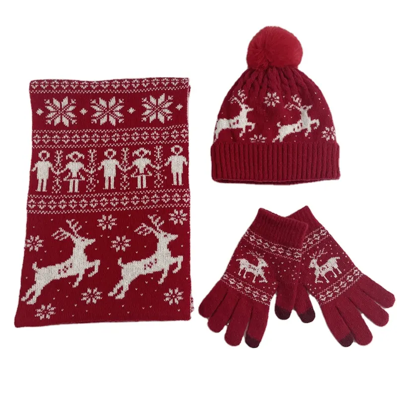 Christmas High Quality Warm Men's And Women's Winter Knitted Acrylic Hat Scarf And Gloves Sets